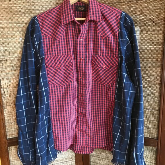 Upcycled Plaid Western Shirt, M to L: Oversized Mixed Print Top, Snaps Fringe - Picture 7 of 10